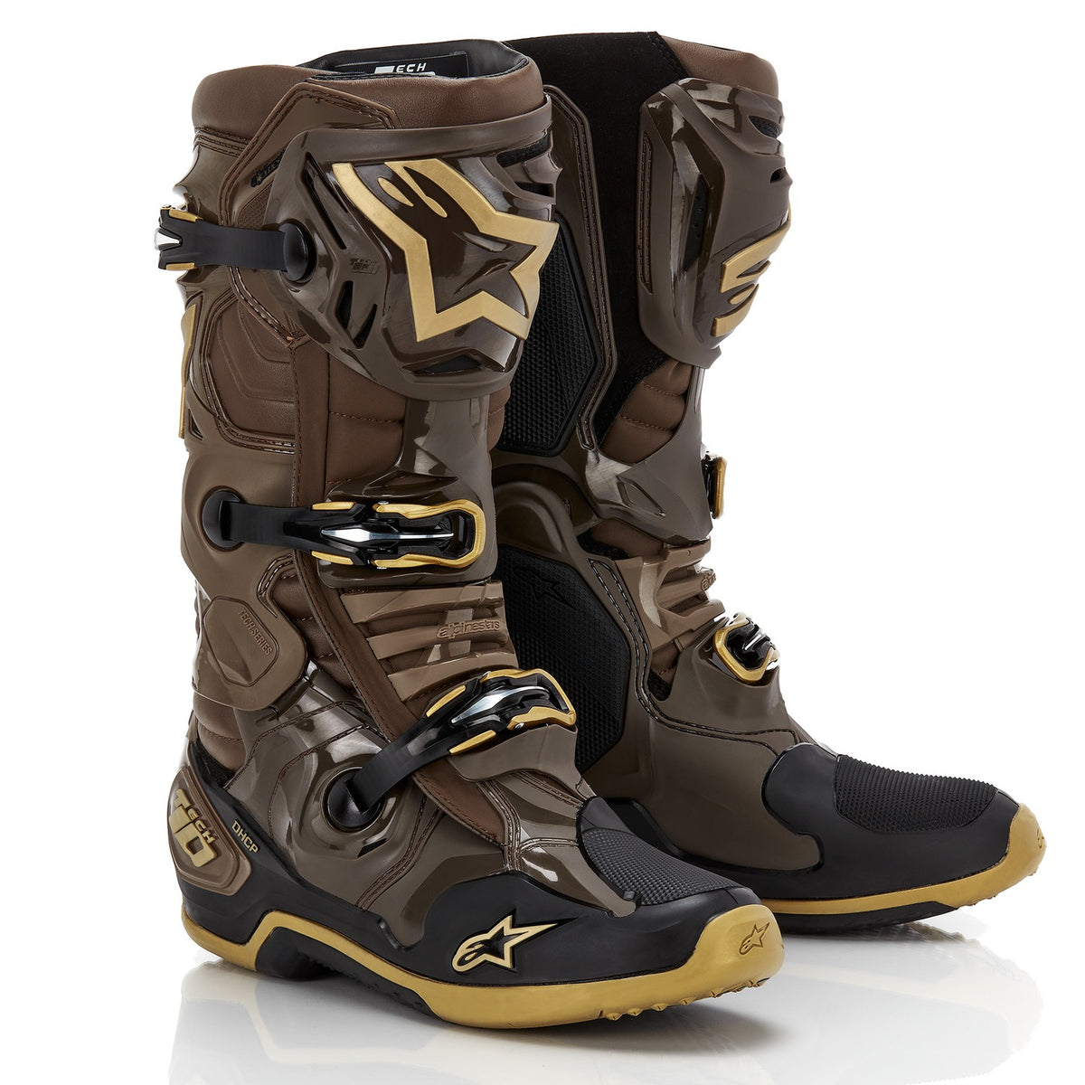 Boty Alpinestars Tech 10 limitovaná edice Squad tmavě hnědá/zlatá/černá