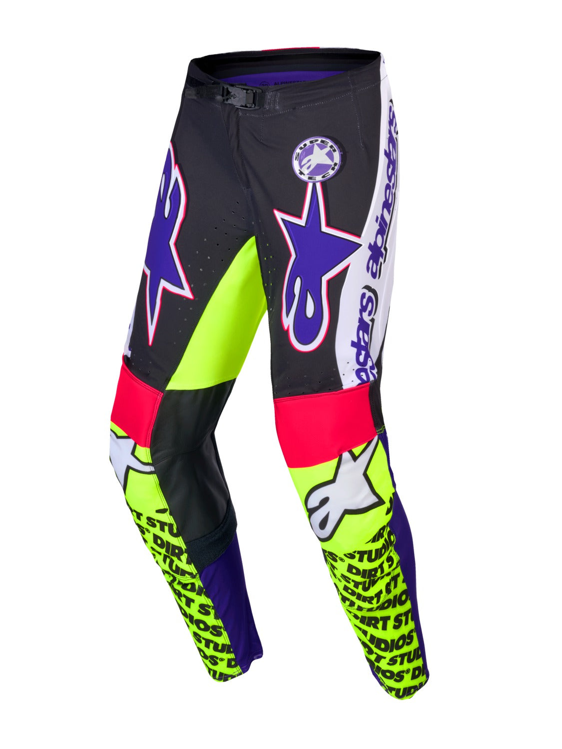Kalhoty Alpinestars Supertech limitovaná edice Dirt Studios bílá/fialová/růžová/žlutá fluo